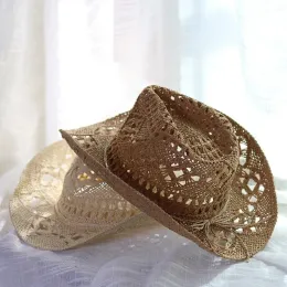Western Crochet Cowboy Straw Hat Women Mężczyźni swobodny ręcznie robiony pusty kapelusz cowgirl solidny kolor na zewnątrz szerokość czapki plażowej