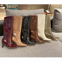 2024 Cowskin Leather Stileetto High Heals Half Boots Pleated Knight Knight Boots Women Ankle Slimming Booties Plaing Poinded Toes Knee Wedding Party Shoes Siz 34-43