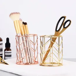 Nordic Gold Metal Iron Makeup Pen Storage Basket Office Desktop Sundries Makeup Brushes Holder Table Cosmetics Organizer Rack