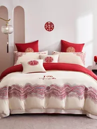 Bedding Sets Princess Style Wedding Four-Piece Set Bright Red Cotton High-End Ceremony Room Long-Staple