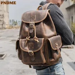 Backpack PNDME Vintage Men's Women's Designer Luxury Outdoor Casual Natural Genuine Leather Bagpack Bookbag