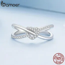 Bamoer Solid925 Sterling Silver Geometric Twisted Double Leaer Dounty Leaer Knot Heart Knot Ringエンゲージメントファインジュエリーギフト