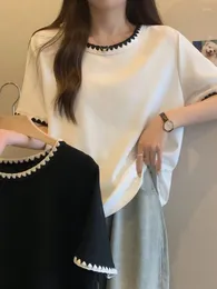 여자 T 셔츠 코튼 셔츠 여자 검은 귀여운 짧은 소매 티 티셔츠 여자 최고 한국 스티치 달콤한 로리타 스타일 kawaii harajuku
