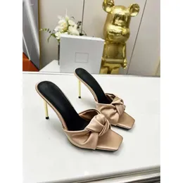 Sexy 2024 Sandals High Quality Genuine Leather Heel Shoes Slippers Silk Bow Tie Vamp 9.5cm Women Sandal 011