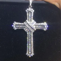 Vecalon Vintage Long Cross Anhänger 925 Sterling Silber CZ Stein Hochzeit Big Cross Anhänger Halskette für Frauen Männer Party Schmuck XBFSG