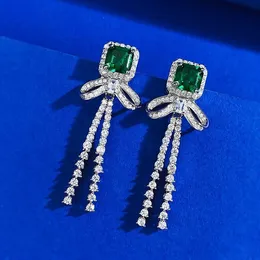 Bowknot Emerald Diamond Dangle Earring 100% Real 925 Sterling Silver Wedding Drop Earrings For Women Bridal Engagement Jewelry QWXPH