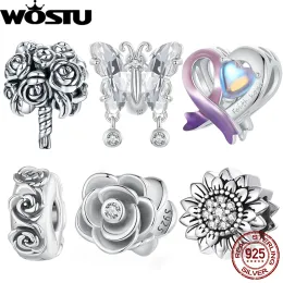 Wostu 925 стерлинговые серебра ретро 3D Carvings Rose Stopper Beads Окисленные капли цирконы бабочка подходит в оригинальный браслет DIY