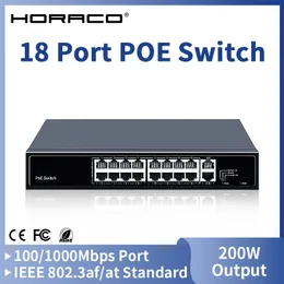 Horaco 18 Port Poe Switch 16 porta 100mbase-T 2 Gigabit Uplink 200w 1u Rackmount Network Switches per la fotocamera IP/NVR/Surveillance