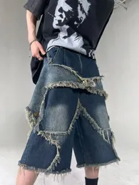Amerikan tarzı retro yıldız yama püskül erkek denim şort gevşek gündelik hiphop sokak çift pantolon eşofman 240521
