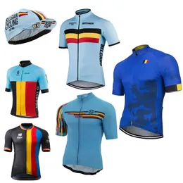 メンズベルギーナショナルチームサイクリングジャージーブルーバイク衣料品自転車摩耗半袖カスタマイズ可能240520