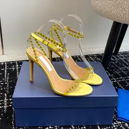 Rhinestone High-klack Sandal Ankle Strap Open Toes Stiletto High Heels Dress Shoes 100mmluxury Designer Evening Party Shoes Fuchsia Yellow With Box