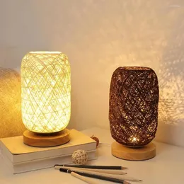 Lampy stołowe drewniane rattan sznurka lampa kulkowa lampa unikalna konstrukcja sypialnia nocna dekoracje dzieła sztuki USB 5V dekoracje