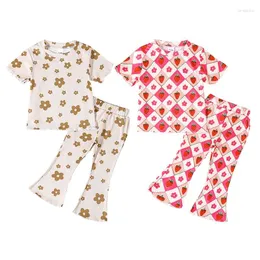 Set di abbigliamento per bambini outfit estivo per le magliette a maniche corte per stampe floreali e pantaloni di bagliori elastici per bambini carini abiti da 2 pezzi