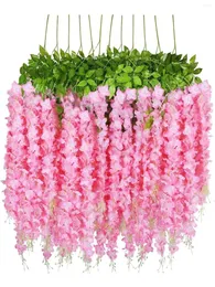Flores decorativas 12pcs wisteria artificial falsa flor espessura ratta pendurada guirlanda para casamento decoração de parede rosa