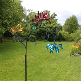 C5AD Large Metal Wind Spinner with Three Spinning Flowers Butterflies Windmill Wind Sculpture for Outdoor Garden Art Decor 240518