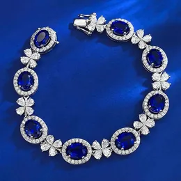 Kraliçe Royal Sapphire Elmas Bileklik Bileklik% 100 Gerçek 925 STERLING Gümüş Düğün Bilezikleri Kadınlar Erkek Nişan Takı QFSBK