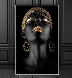 Moderne Stil Afrikanischer Frau Gemälde auf Leinwand Golden schwarz skandinavische Wandkunstplakat und Druck für Wohnzimmer Dekor9895783