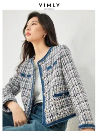 Vimly Plaid Tweed Cropped Jacke für Frauen Spring Patch Denim Design Elegant Fashion Lady Short Coat Frauen Außenbekleidung M3288 240514
