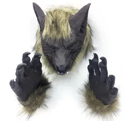 Cosplay LaTex Rubber Full Face Handwolf Mask Gloves مجموعة Animal Head Scary Halloween Horror Devil Mask Decoration Y22665343
