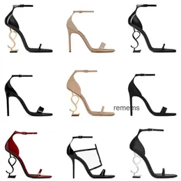 Designerskie sandały OPYUM HIGH THEES KOBIETA OTWARTE STILETTO CZAŻ Klasyczne metalowe litery Sandal Stylist Buty Buty kurzu 34-42