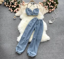 Kobiety Summer Korean Retro Denim Set Sexy Sleepless Backless Pasek Krótki topshigh Talia Długie spodnie Dwuczęściowe garnitury Women039S8168708