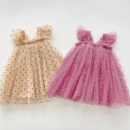Vestidos de menina Polca Dot Baby Dress 2024 Casual Tulle Cute Tulle Girls Girls Birthday Suspender Sleesess Summer para