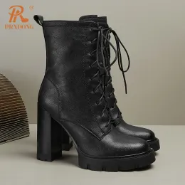 PRXDONG Genuine Cow Leather Square High Heel Tan Block Heel Boots For Women Retro Autumn Style In Black And Brown From Ddmymaster 97.08 DHgate.Com