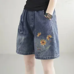 女子ジーンズ韓国通勤2024夏の薄いワイドレッグショーツ洗浄されたゆるいパッチワークポケットレトロ刺繍ラックハーラン