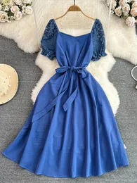 Sommer Vintage Women Lace Patchwork Midi Kleider eleganter Quadratkragen Kurzer Puffärmel Big Swing Casual Vestidos Frau 240520