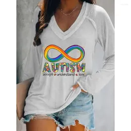 女性用Tシャツレアクロットインフィニティ自閉症は、ラブプリントの長袖のトップを理解することを受け入れる