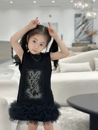 Girls letter hot fix rhinestone designs vest dresses Designer kids ruffle gauze princess dress 2024 summer children white short sleeve lace dress S1428