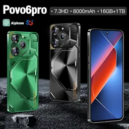 POVO6PRO 2024 Android Smart Global English Telefon 7.3-calowy ekran 8800 mAh Duże bateria podwójna karta telefoniczna Android 13 Wsparcie OTG 72MP+108M