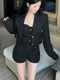 Autumn Women High Quality Tweed Slim Sets Black Blazer Short Coat With Suspenders Jumpsuits Female Chic Two Piece Suits 240516