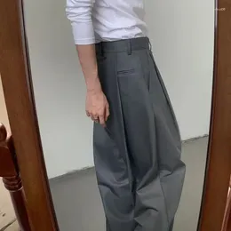 Pantaloni da uomo oldyanup grigio vintage maschi pieghettate casual design coreano sensato pantaloni a gamba larga di alta qualità