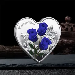 Herzform -Sammlerstücke Münzen blau rote Rose für Liebe Gedenkmünzen Hochzeits Souvenirs Valentinstag Geschenk