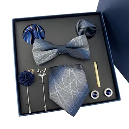 MENS TIE Set presentförpackning Fashion Märke Bowtie Pocket Squares Brosch Cufflinks Clip Suit For Men Business Slyckig Bröllopsfest 240511