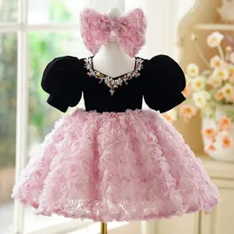 2024 Düğünler İçin Yeni Pembe Çiçek Kız Kristaller Boncuklu Dantel Aplikler Tül Kısa Kollu Prenses Çocuk Doğum Günü Komünyon Kızlar Pageant Elbiseler Kız Balo Elbise