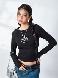 Women's T Shirts Women S Long Sleeve Shirt Basic Ribbed Crewneck Star Print Slim Fit Y2K E-Girls 90s Gothic Fall Blouse Tops