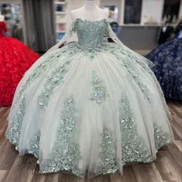 Light Green Princess Quinceanera Dresses Off Shoulder 3D Floral Beads Tull Ball Gown vestido 15 quinceaneras dorado Sweet 16