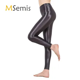 Women Gym Yoga Dance Running Cycling Sports Pants Pure Color Shiny Metallic Stretchy Leggings Pants