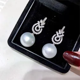 Bowknot Pearl Zircon Pieno orecchini Orecchini a goccia per matrimoni pieni oro bianco per le donne Engagment Promise gioielli Alhwk