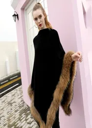 Genuino Sciallo in lana in lana Poncho inverno più maglione pullover a maglia con taglio di pelliccia di procione reale per donne7484679