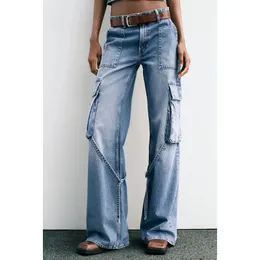 Winterblau Vintage Cargo Jeans Modepocke High Taille Straight Moping Hosen High Street Baggy Weitbein Denimhose 240527