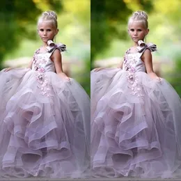 Pretty Princess Ball Gown Flower Girl Dresses 3D Floral Appliques Bow Gilrs Dress Abito Pageant Tulle Abito di compleanno lungo 264q 264Q