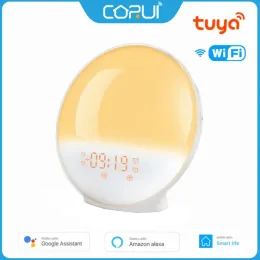 Corui Tuya Wifi Nature Wake Up Light Snooze Digital Alarm Clock Night Lamp med FM Radioarbete med Alexa Google Home Smart Life