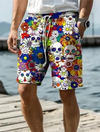 2024 Skull Flower Graphic Mens Resort 3D Printed Board Shorts Swim Trunks Elastic Waist Drawstring Hawaiian Style Holiday Beach 240521