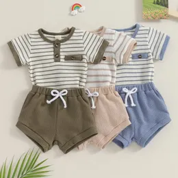 Set di abbigliamento pudcoco neonati per bambini outfit rotondi a manica corta bottone a strisce a strisce elastico pantaloncini in vita elastico 2 pcs set di waffle in maglia
