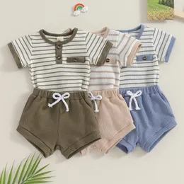 Roupas de roupas Pudcoco infantil garoto de menino redondo pescoço de manga curta de manga curta Romper elástico shorts 2pcs waffle knit Conjunto