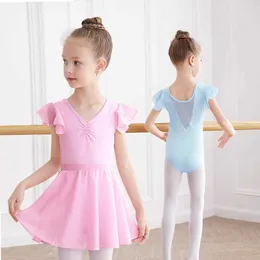 Tanzkleidung Girls Kids Ballet Trikots Pink Blue Bodysuit Gymnastics Lotards Kleinkind Dance Kleid Soft Dance Wear Anzug mit Chiffon -Röcken Y240524