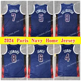 9 Tyrese Haliburton USA Team baskettröjor James 5 Anthony Edwards Kevin Durant 8 Kawhi Leonard 4 Stephen Curry 2024 Paris Home Jersey tryckt